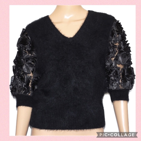 Vintage 80s Black Angora Puff Sleeve Cropped Sweater by Gloria Furman | Glory 3 - Picture 2 of 6